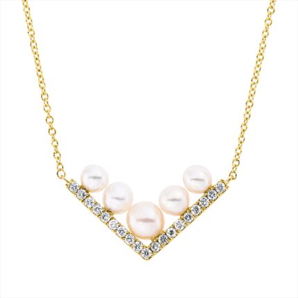 Collier Gelbgold 18kt 0,13 Diamantschmuck mit 19 Diamanten Zuchtperle 3 mm - 4O114