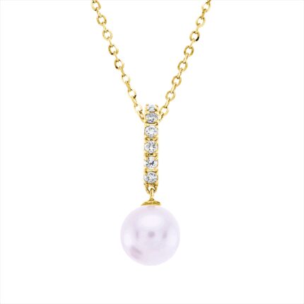 Collier Gelbgold 18kt 0,06 Diamantschmuck mit 6 Diamanten Zuchtperle 6,1 mm - 4O399