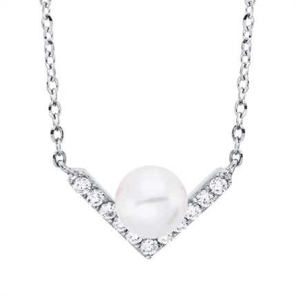 Collier Weißgold 18kt 0,08 Diamantschmuck mit 11 Diamanten Süßwasserperle 5,6 mm - 4O934